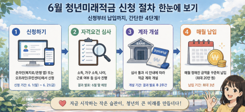 6월 청년미래적금 신청부터 심사, 계좌개설, 청년도약계좌 특별중도해지 순서를 화살표로 표현한 이미지