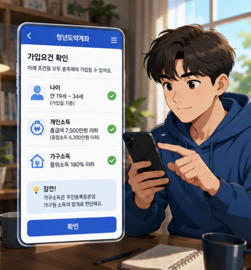 청년미래적금 조건 확인 흐름을 자가점검, 은행 앱 신청, 가입요건 확인, 결과 안내, 계좌개설 순서로 보여주는 단계형 이미지
청년 미래적금조건 확인부터 계좌개설까지 이어지는 신청 절차를 단계별로 살펴볼 수 있습니다.