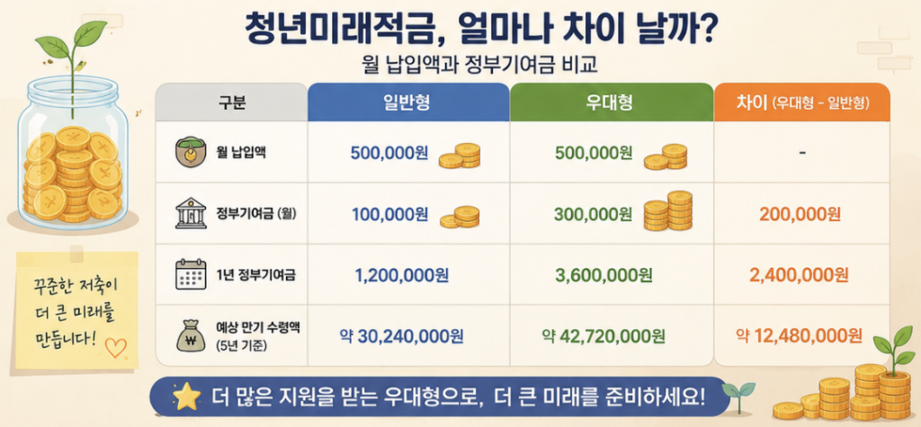 청년미래적금과 일반 적금의 은행이자, 정부기여금, 비과세 적용 여부를 나란히 비교한 표형 이미지