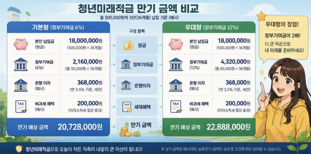 청년미래적금 일반형과 우대형의 기여금, 은행이자, 비과세와 유지조건을 비교하는 금융 체크 이미지