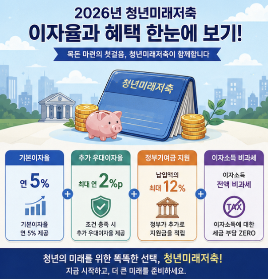 2026 청년미래적금 이자율을 기본금리 5%, 우대금리, 정부기여금 6%·12%, 비과세 혜택으로 구분한 구조 비교 이미지