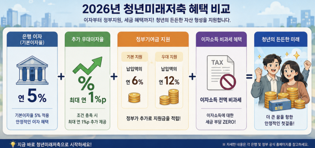 청년미래적금 은행 이자와 정부기여금, 비과세 혜택을 세 영역으로 나눠 실제 혜택 구조를 비교한 이미지