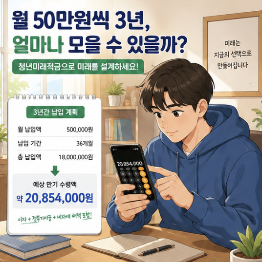 청년미래적금 일반형과 우대형의 월 50만원 기준 정부기여금 108만원과 216만원 비교 이미지