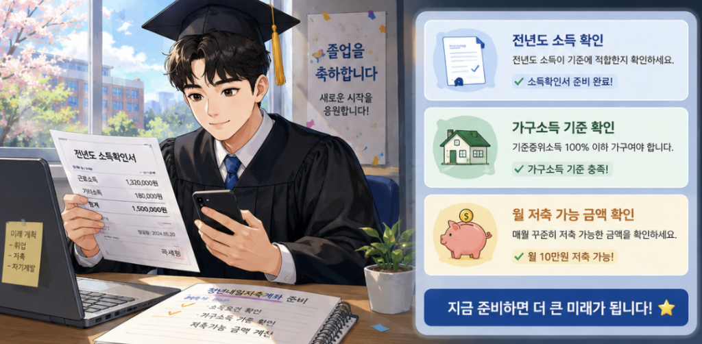 졸업예정자와 올해 첫 취업자의 청년미래적금 조건을 현재 재직 여부, 직전연도 소득, 가구소득, 우대형 가능성으로 나눈 비교 이미지