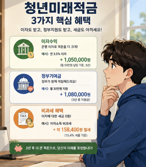 청년미래적금 이자소득 구조를 은행 이자와 정부기여금, 비과세 혜택으로 나눈 인포그래픽