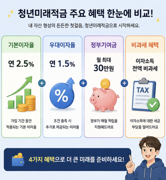 청년미래적금 이자 조건을 은행금리, 정부기여금, 비과세로 구분한 금융 인포그래픽
