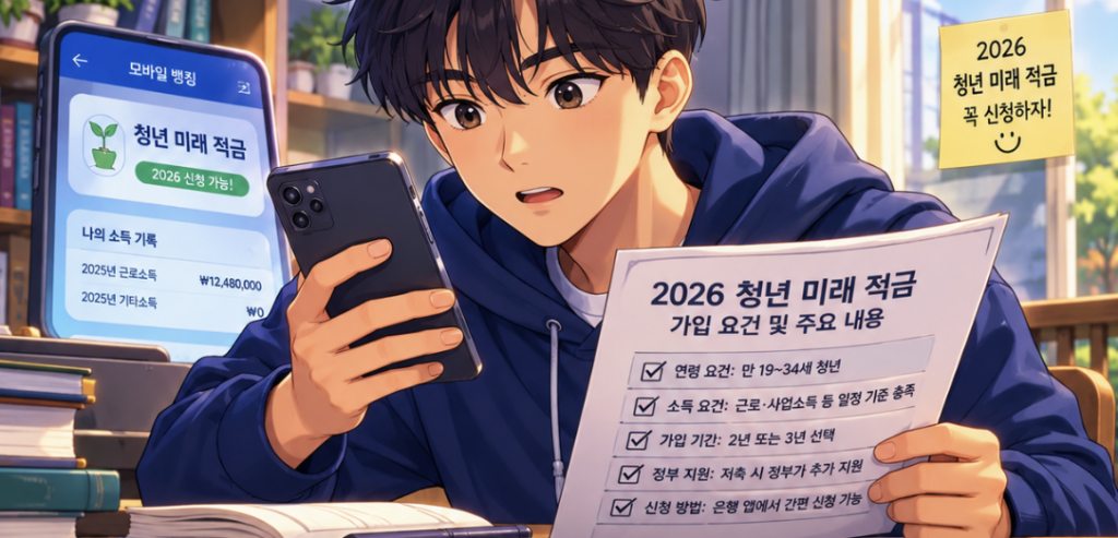 알바 대학생과 무소득 대학생의 청년미래적금 가입 조건을 신고소득 기준으로 비교한 안내 이미지 설명로, 이후 가입을 준비한다면 새 공고의 신청기간과 세부 조건을 다시 확인할 필요가 있습니다.