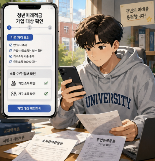 청년미래적금 대학생 가능 여부를 무소득, 알바 소득, 가구소득, 군복무 조건으로 나눈 체크리스트 이미지