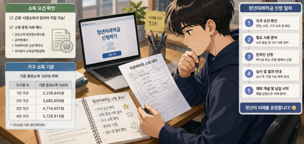 청년미래적금 대학생의 개인소득, 부모 가구소득, 군복무 사실과 가입심사 흐름을 보여주는 이미지