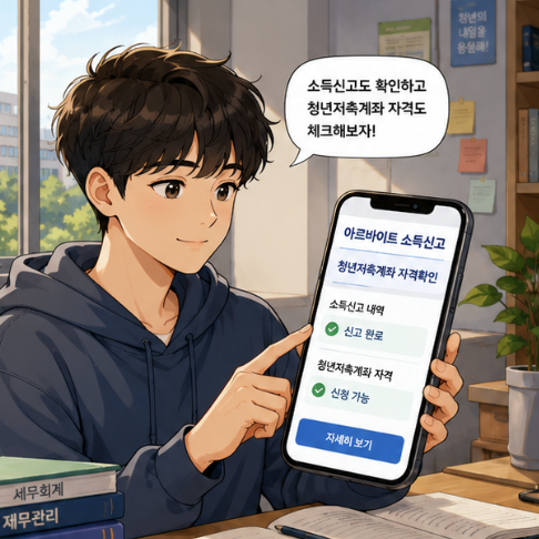청년미래적금 대학생 알바 가능 여부를 학생 신분, 신고소득, 가구소득, 신청 단계로 나눈 체크리스트 이미지