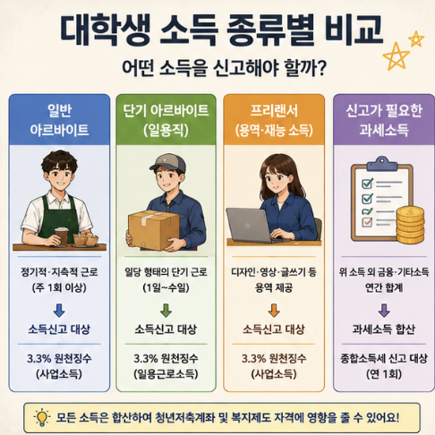 작년 알바, 올해 첫 알바, 방학 단기 알바의 소득 확인 시점을 비교한 타임라인 이미지
