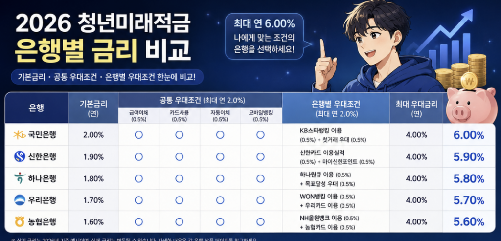 2026 청년미래적금 은행 비교에서 기본금리와 실제 우대금리를 구분해 보여주는 금융 인포그래픽
