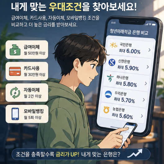 청년미래적금 최대 우대금리 3%포인트와 2%포인트 취급기관을 나눠 비교하는 금융 표형 이미지