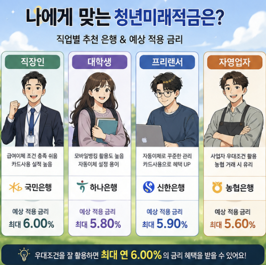 직장인 대학생 알바생 프리랜서 소상공인이 청년미래적금 우대조건을 상황별로 비교하는 안내 이미지