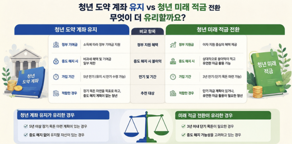 청년도약계좌 유지와 청년미래적금 선택을 남은 기간, 월 납입액, 정부기여금 유형, 해지 절차로 비교한 이미지