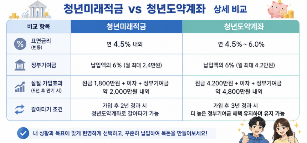 3년 집중형 청년미래적금과 5년 장기형 청년도약계좌를 월 저축 여력과 유지 가능 기간으로 비교하는 선택 가이드 이미지