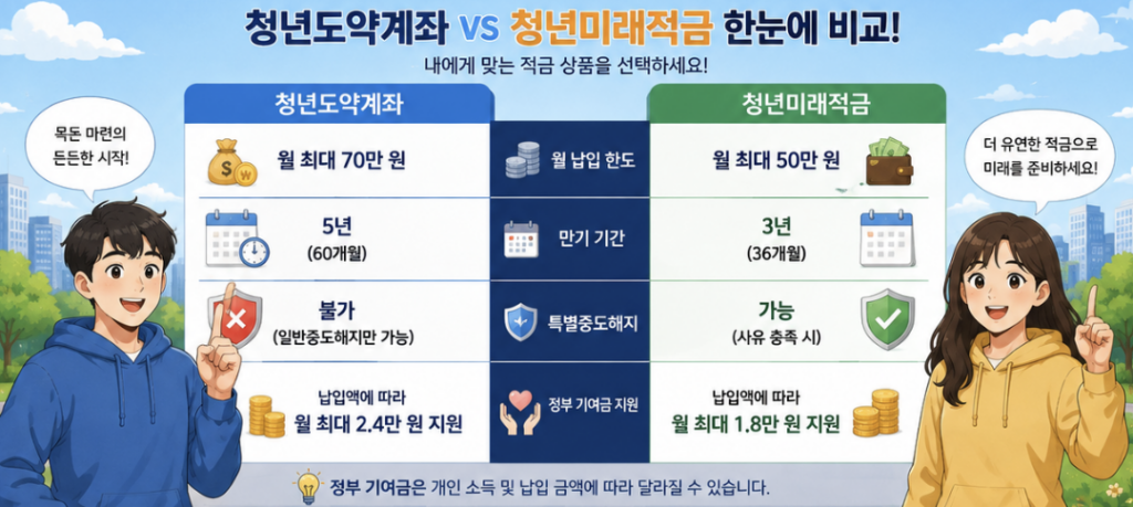 청년도약계좌 해지환급금과 청년미래적금 월 납입 구조를 서로 분리해 보여주는 자금 흐름 이미지