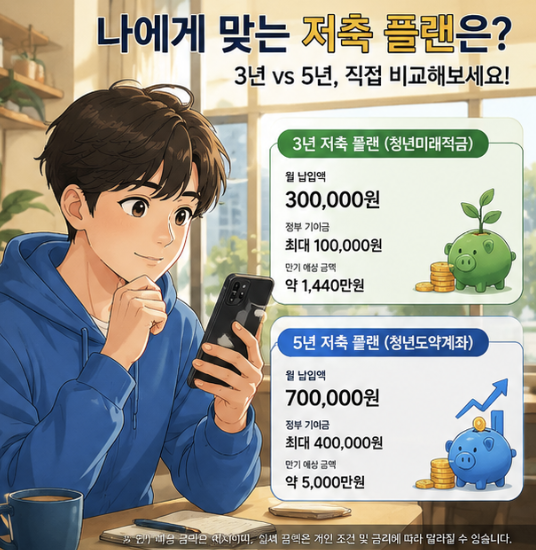 청년미래적금 월 50만원과 청년도약계좌 월 70만원의 납입한도, 만기와 정부기여금 구조를 한눈에 비교한 표형 이미지입니다.