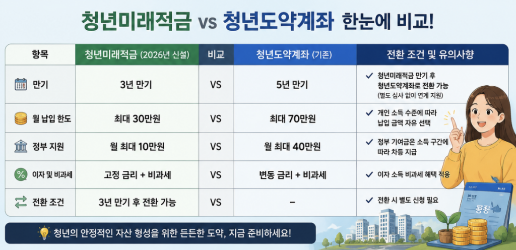 청년미래적금 3년 고정금리와 청년도약계좌의 3년 고정 후 2년 변동금리 구조를 비교한 금융 설명 이미지입니다.