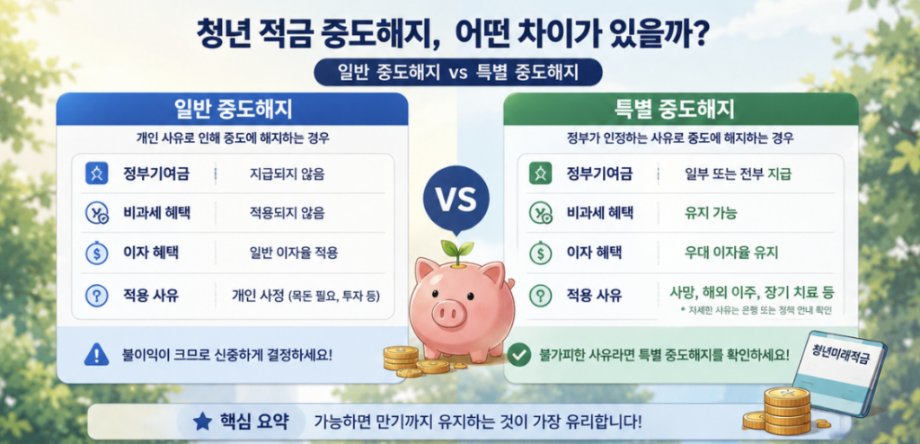 청년도약계좌 유지와 청년미래적금 갈아타기를 납입기간, 월 납입액, 특별중도해지 순서로 비교한 체크 이미지