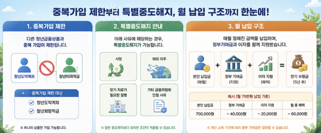 청년도약계좌 해지수령금과 청년미래적금 월 납입 구조를 나눠 보여주는 자금 흐름 이미지