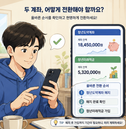 청년도약계좌를 먼저 일반 해지하는 경우와 청년미래적금 계좌개설 후 특별중도해지하는 경우의 순서를 비교해 보는 자료가 적합합니다.