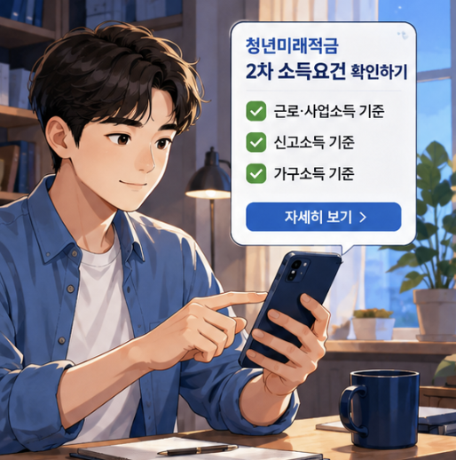 청년미래적금 2차 소득기준을 총급여, 종합소득, 국세청 신고소득, 소득기준연도로 구분한 금융 인포그래픽