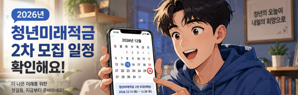 청년미래적금 2차 기간을 2026년 12월 잠정 모집과 신청·심사·계좌개설 단계로 구분한 일정 인포그래픽