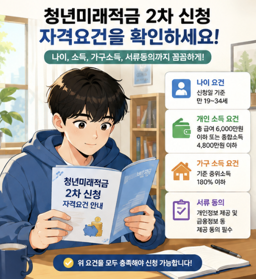 청년미래적금 2차 조건을 나이, 국세청 확인소득, 가구요건, 가구원 동의, 우대형 여부와 재심사 가능성으로 나눈 금융 인포그래픽.