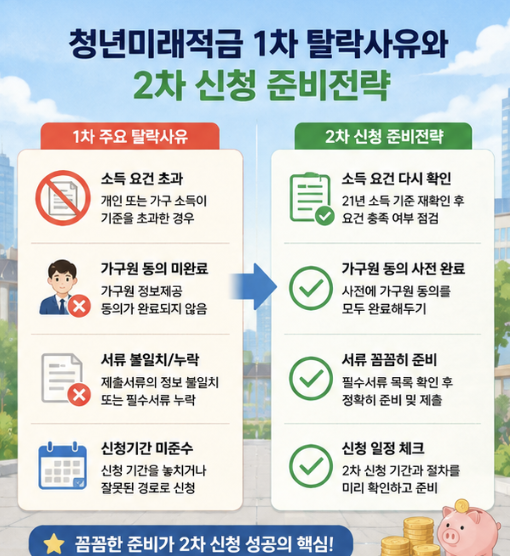 청년미래적금 1차 미신청자, 심사 미통과자, 가구원 동의 미완료자와 재가입자의 2차 준비 항목을 비교한 표형 이미지.