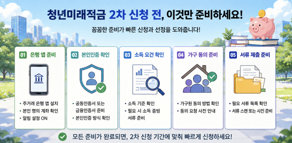 청년미래적금 2차 신청 전 준비물을 은행 앱, 본인인증, 소득확인, 가구원 동의, 서류제출로 정리한 이미지 설명 문장입니다.