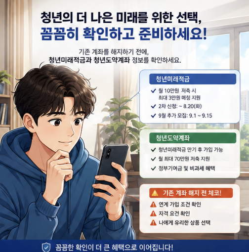 청년미래적금 2차 갈아타기를 기다릴 때 기존 청년도약계좌 선해지를 피하고 계좌개설 후 특별중도해지 순서를 확인하는 이미지