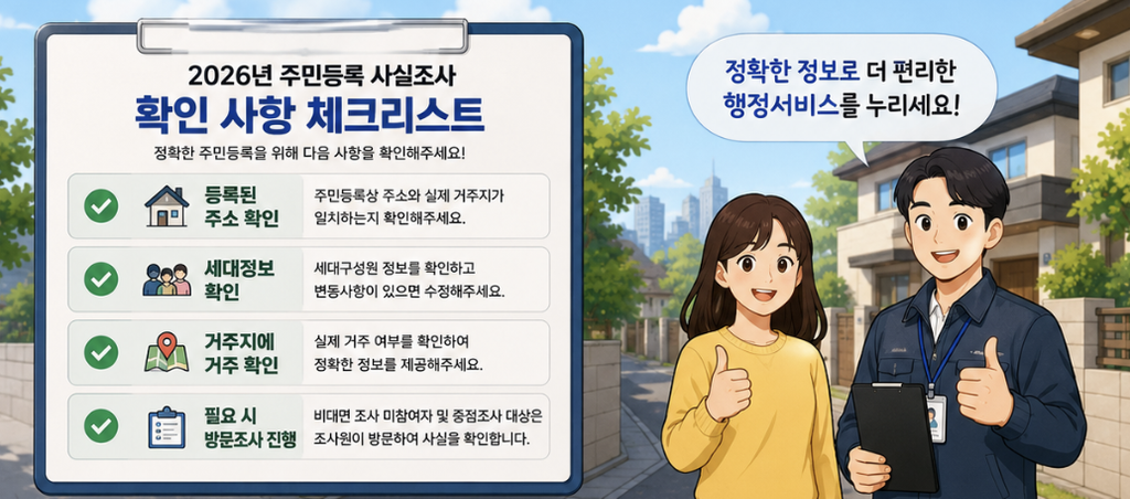 2026 주민등록 사실조사를 정부24 비대면 조사, 방문조사, 중점조사 대상 세대로 나누어 비교한 체크리스트 이미지