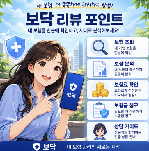 보닥 후기를 보험 조회, 보장 분석, 보험료 확인, 보험금 청구, 상담 연결 기준으로 보여주는 이미지