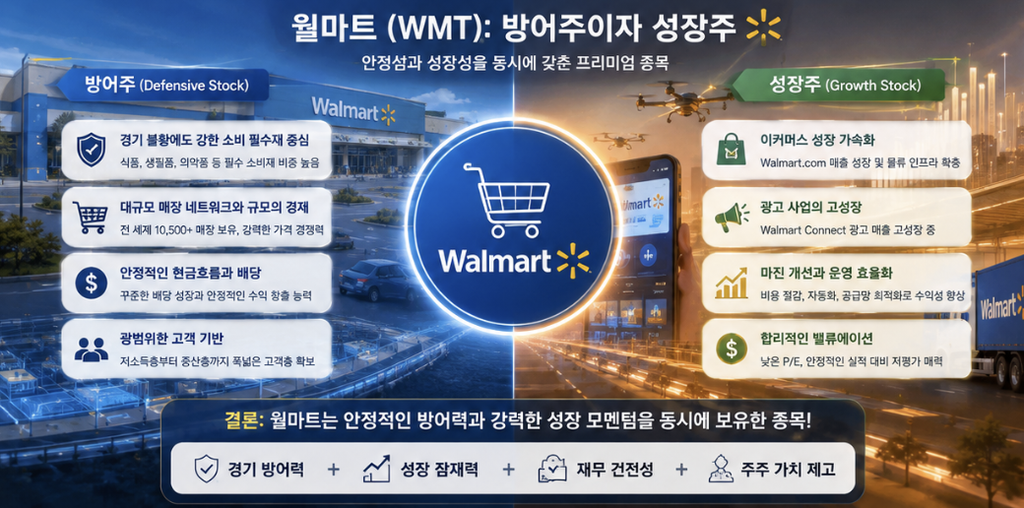 월마트 주식 리스크를 밸류에이션, 소비 둔화, 마진, 경쟁, 환율, 배당수익률로 나눈 투자 분석 인포그래픽