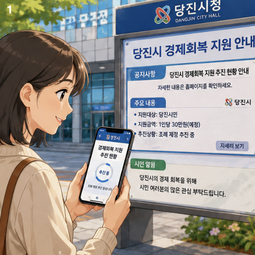 당진시 경제회복 지원금의 추진 발표부터 조례안 심의와 부결, 재추진 여부 확인까지의 흐름을 보여주는 참고 이미지