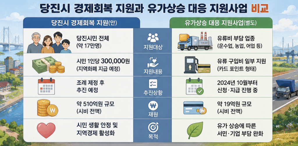 당진시 경제회복 지원금 30만 원 추진안의 대상, 금액, 지급 방식과 조례안 부결 상태를 비교해 보여주는 참고 이미지