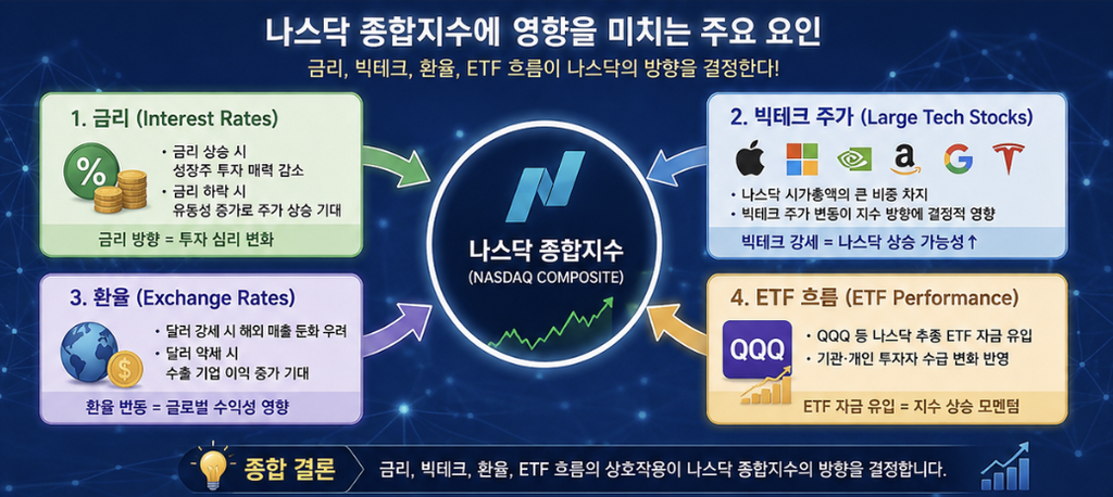 나스닥 종합지수와 금리, 원달러 환율, ETF 수익률이 함께 작용하는 구조를 설명한 이미지