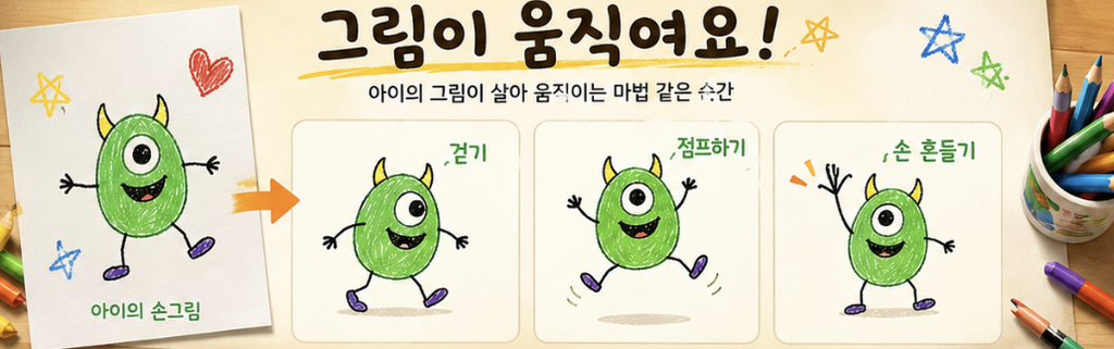 애니메이티드 드로잉 활용 장면을 아이 그림, 캐릭터 콘텐츠, 수업 자료, SNS 영상으로 나눠 보여주는 비교 이미지
