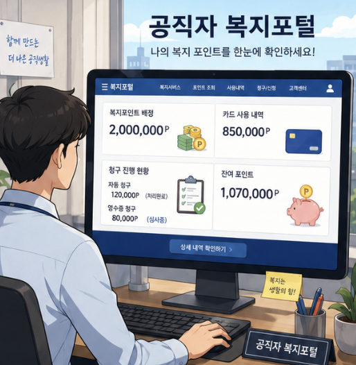 복지점수 배정 → 카드 또는 영수증 사용 → 청구 → 기관 승인 → 잔액 확인 순서를 한 화면에 보여주는 공무원 복지포인트 이용 흐름