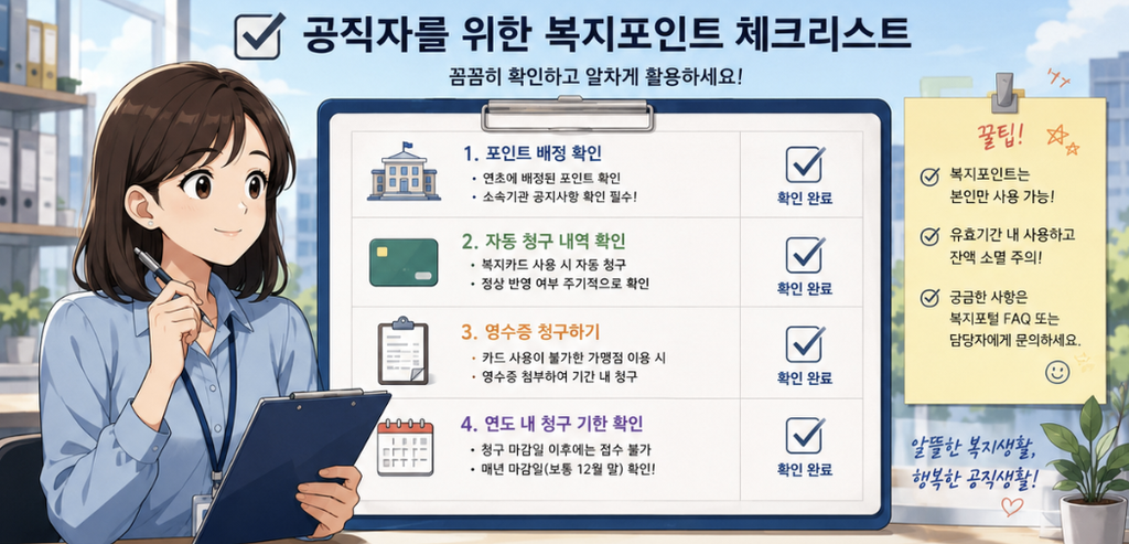 잔여 복지점수, 미청구 카드내역, 영수증, 기관별 청구마감일, 승인 완료 여부를 차례대로 확인하는 연말 체크리스트