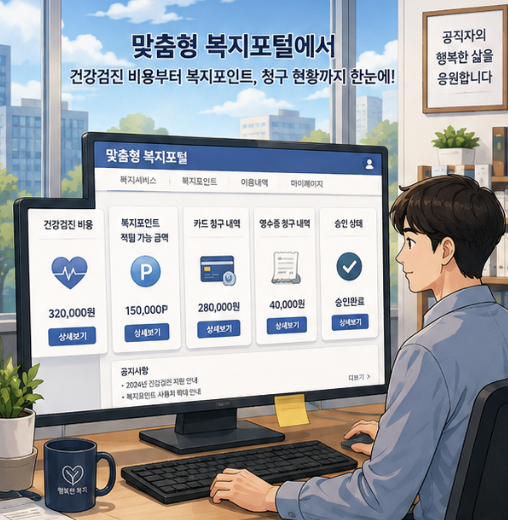 맞춤형복지포탈 건강검진비를 복지항목 인정 여부, 기관별 배정 기준, 카드청구, 영수증청구, 승인처리 순서로 보여주는 안내 이미지