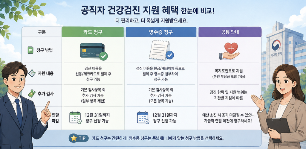 연말 맞춤형복지포탈 건강검진 청구를 검진일, 결제일, 영수증 발급, 포탈 청구, 승인 마감 순서로 보여주는 체크리스트 이미지