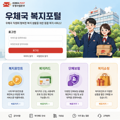 우체국복지포탈 첫 화면의 로그인, 복지포인트, 복지카드, 단체보험, 앱 메뉴를 한눈에 구분하는 안내 이미지