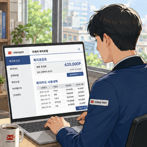 우정복지포탈과 우체국쇼핑을 이용 대상, 로그인, 복지포인트, 쇼핑 기능 기준으로 비교하는 이미지
