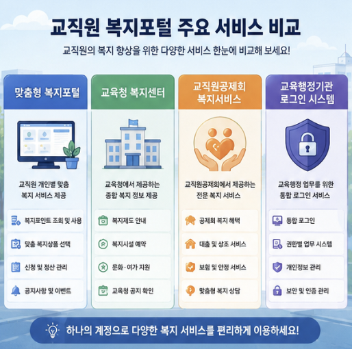 교직원 복지포탈 사이트를 맞춤형복지포털, 교육청 복지센터, 교직원공제회, 교육행정포털로 구분한 안내 이미지
