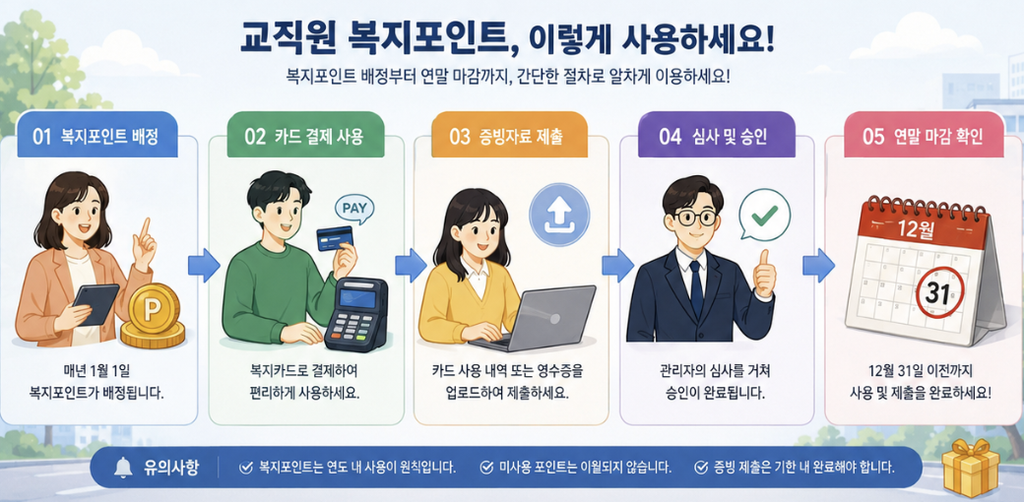 교직원 복지포인트 이용 흐름을 배정점수, 카드결제, 카드청구, 영수증청구, 승인상태로 나눈 설명 이미지