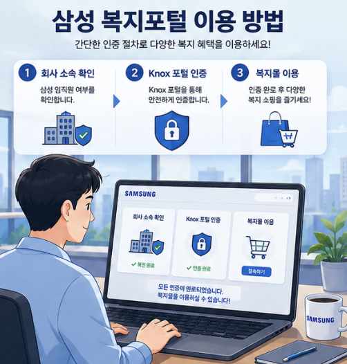 삼성 복지포탈 이용 목적을 임직원 제품 구매, 복지포인트, 제휴사 우대몰, 계열사 복지몰로 구분한 비교 이미지