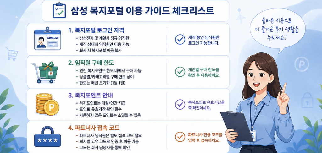 삼성 임직원이 PC에서 Knox 포털 인증 후 패밀리몰과 복지포탈 접속 경로를 확인하는 화면 구성 이미지